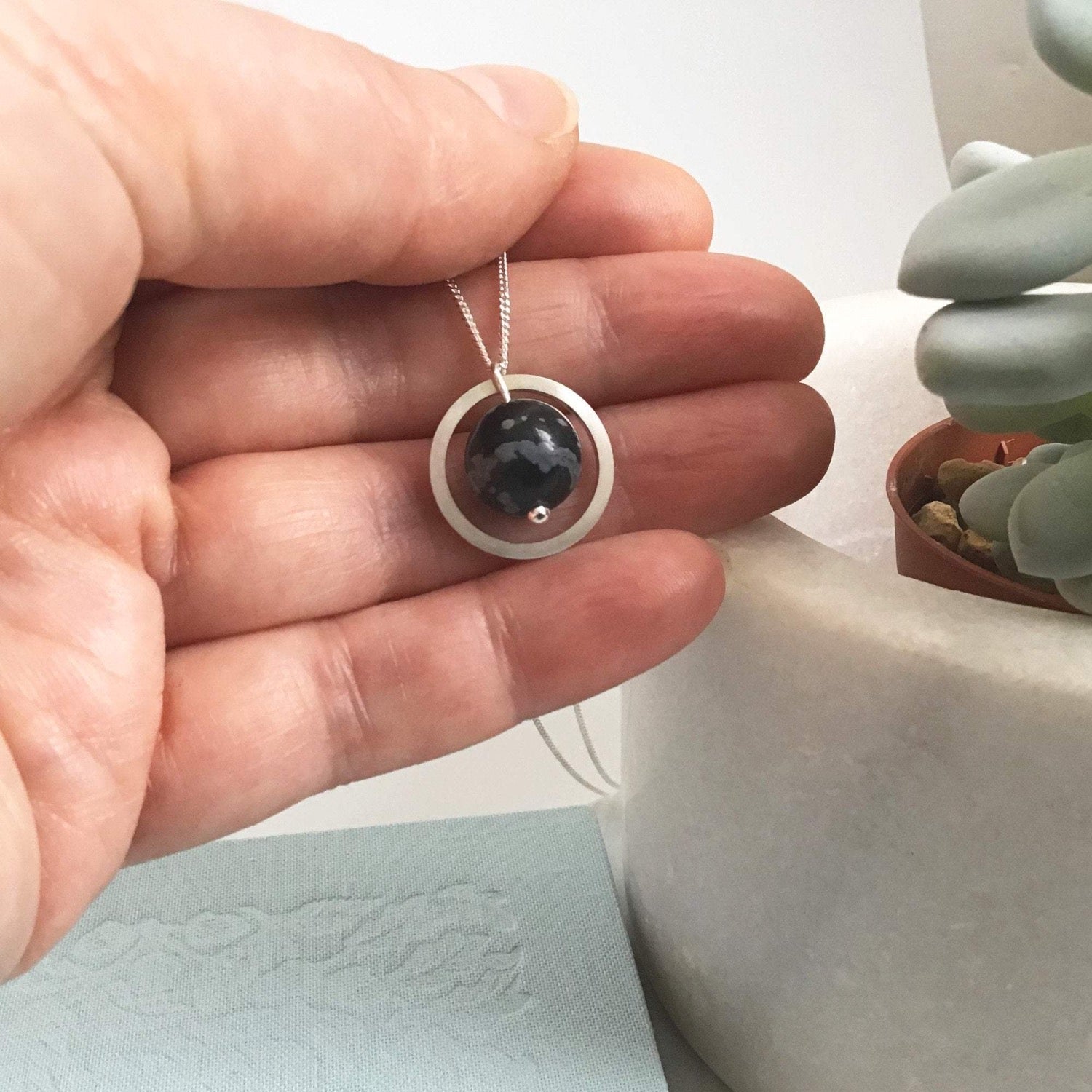 SNOWFLAKE OBSIDIAN SILVER CIRCLE NECKLACE - Genevieve Broughton